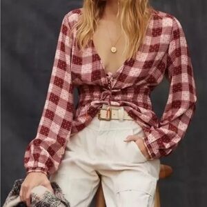 Anthropologie Pilcro Plaid Wool Blouse Deep-V XS NWT